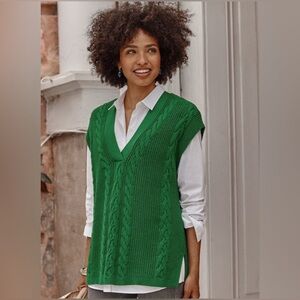 J Jill V-Neck Cable Knit Sweater Vest, Kelly Green Relaxed Fit Size Medium Tall